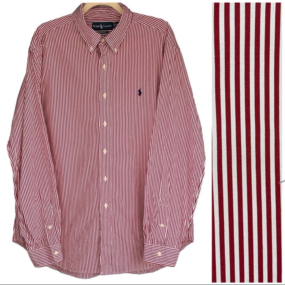 90s VTG Ralph Lauren Red Stripe Button Up Shirt 100% Cotton Men’s Long Sleeve